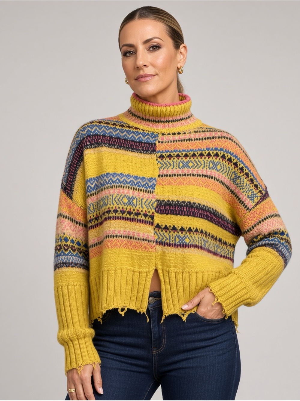 Free People Yellow Multicolor Fair Isle Cropped Turtleneck Sweater